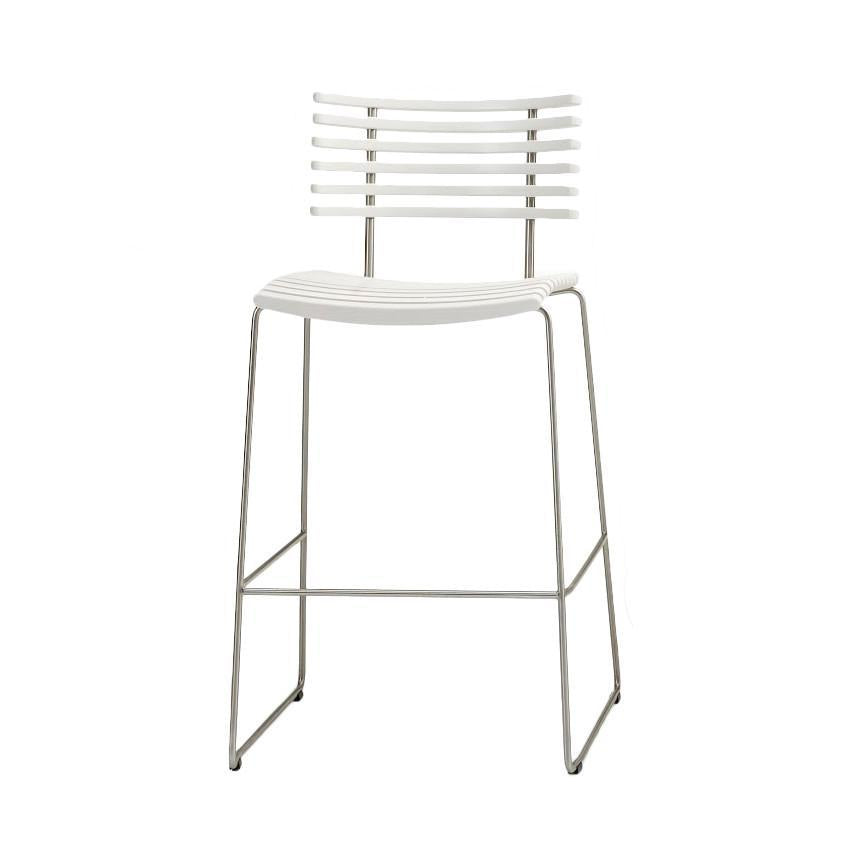 White bar stool with a sleek, striped backrest and minimalistic silver metal frame, perfect for modern decor.