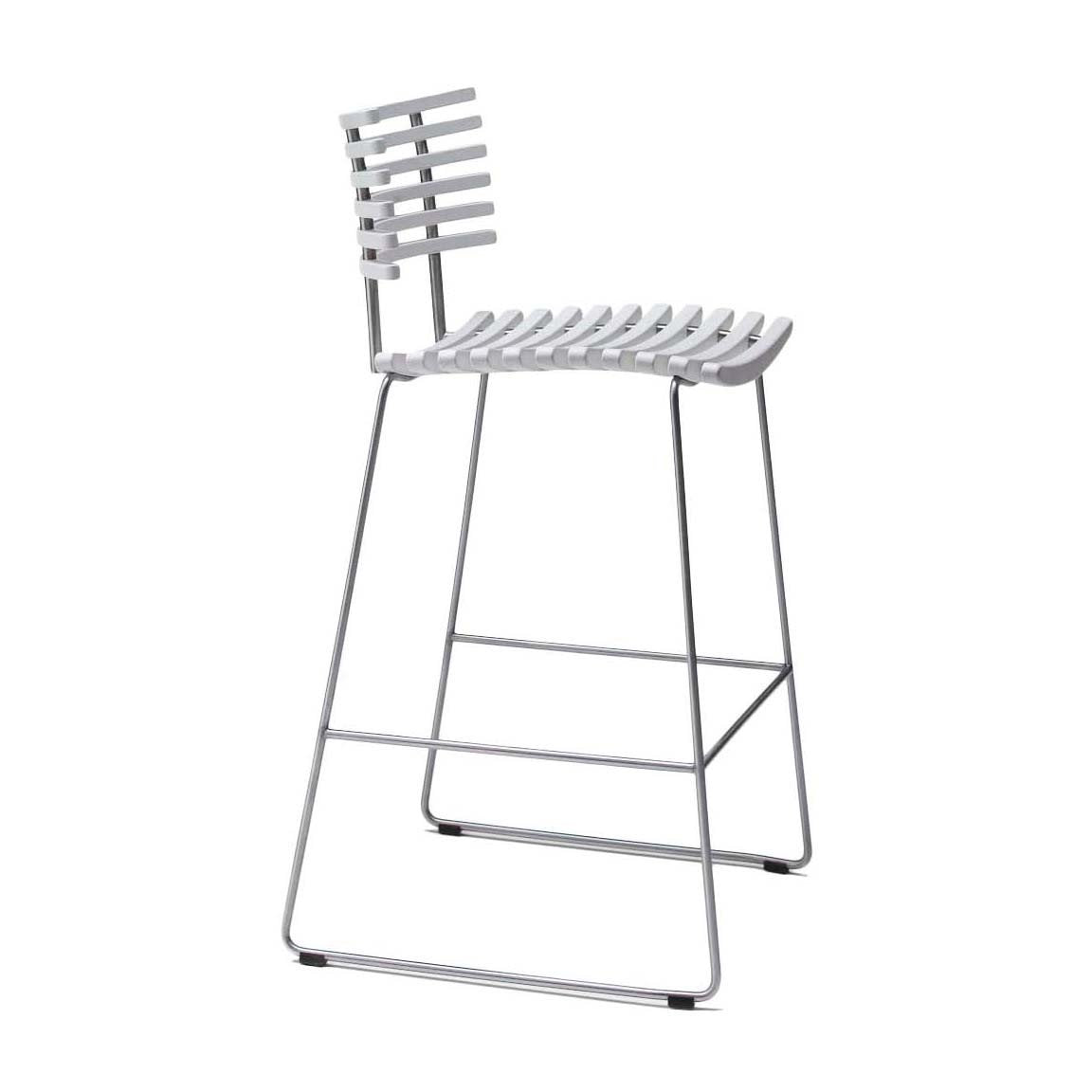 White metal bar stool with striped seat and backrest design, featuring a sleek, modern frame.