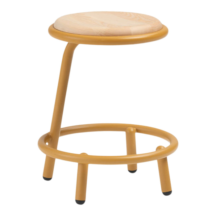 Yellow metal stool with natural wood seat, minimalist design, sleek circular patterns for modern decor.