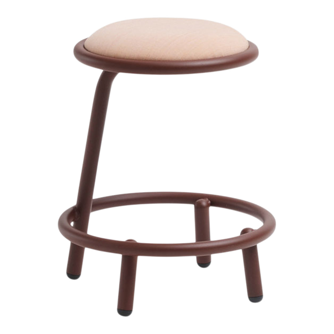 Brown metal stool with a soft beige cushion, featuring a minimalist design and sleek lines. Ideal for modern decor.