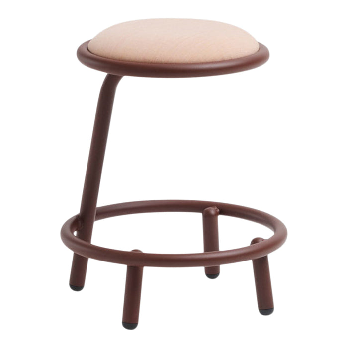 Brown metal stool with a soft beige cushion, featuring a minimalist design and sleek lines. Ideal for modern decor.
