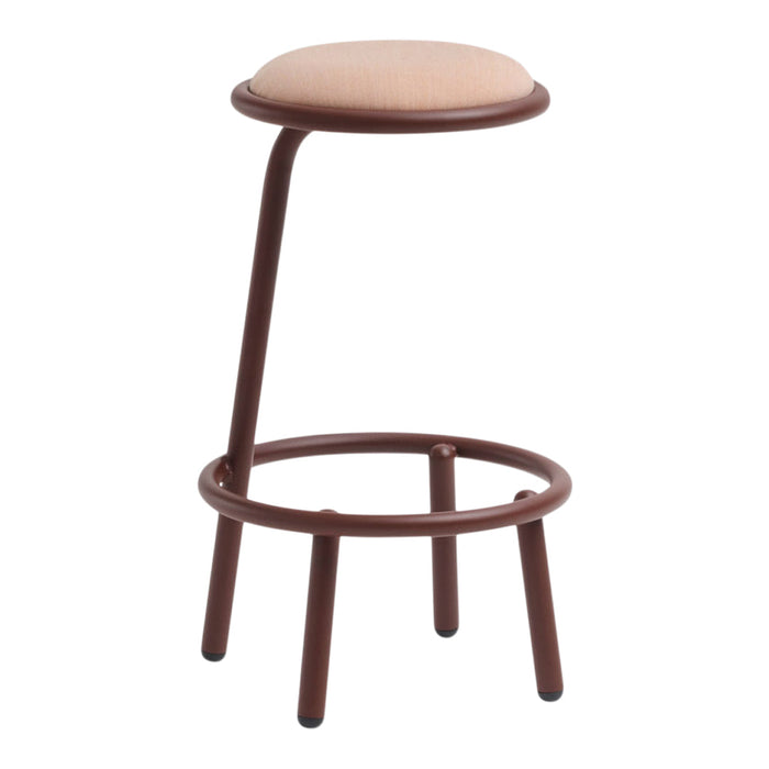Brown metal stool with a beige upholstered seat, featuring a sleek, minimalist design. Ideal for modern decor.