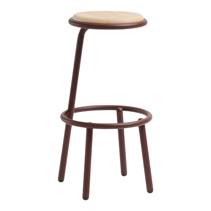 Brown metal bar stool with a beige padded seat, featuring a minimalist design and clean lines.