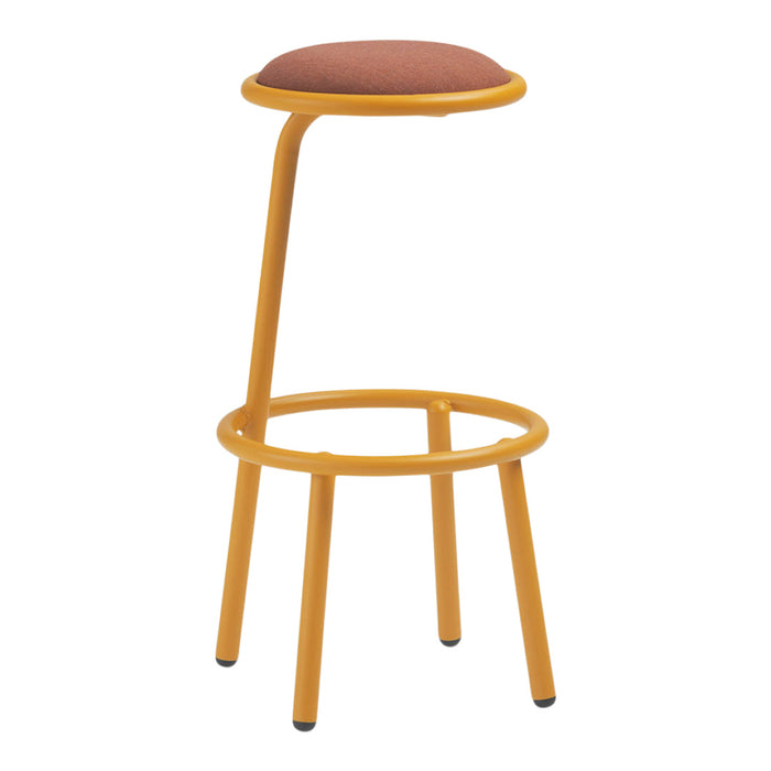 Yellow bar stool with a round brown seat, featuring a sleek, minimalist design. Perfect for modern interiors.