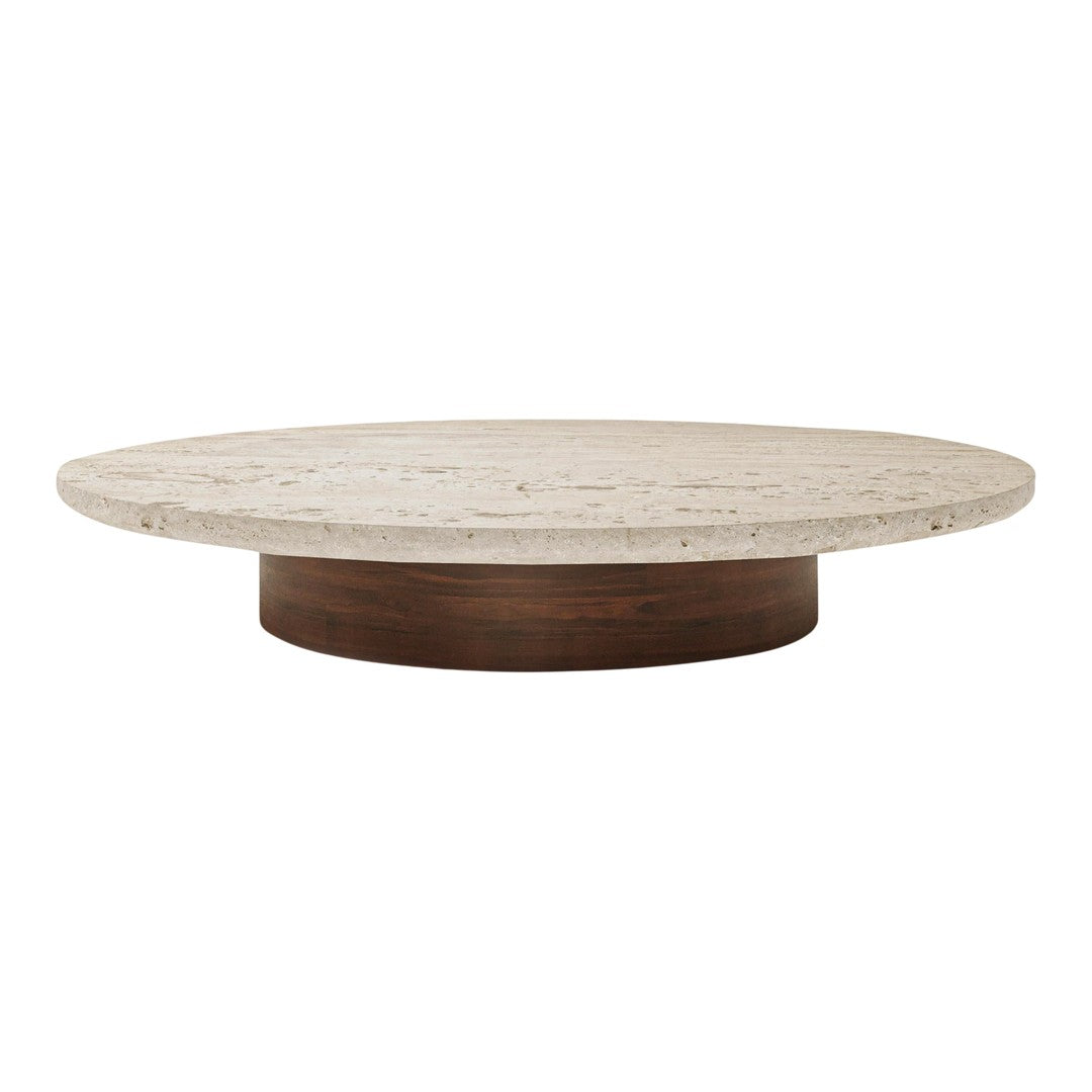 Round coffee table with a textured light stone top and a rich, dark wood base, featuring a modern and minimalistic design.