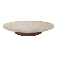 Round coffee table with a light stone surface and dark wooden base, featuring a smooth, minimalist design.