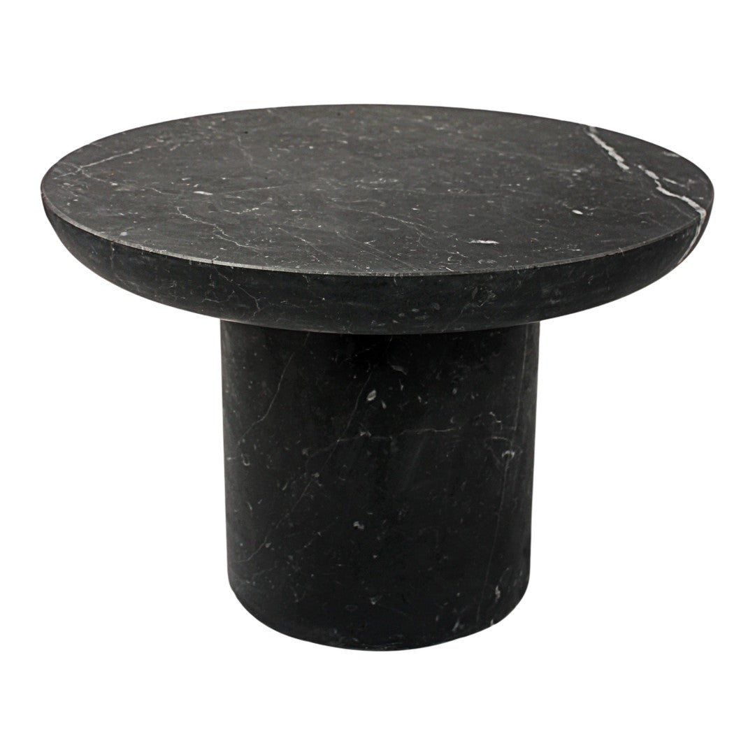 Black marble side table with a smooth, circular top and a cylindrical base, featuring subtle white veining.