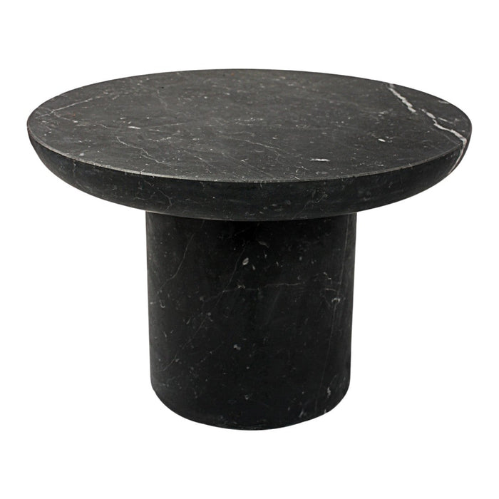 Black marble side table with a smooth, circular top and a cylindrical base, featuring subtle white veining.