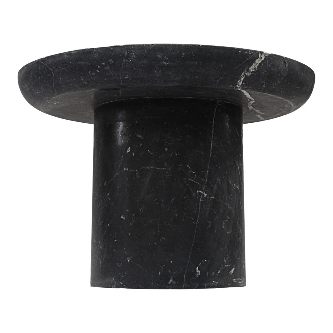 Black marble side table with a smooth, polished surface and subtle veining. Modern design with a circular top.