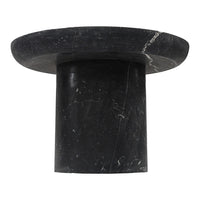 Black marble side table with a smooth, polished surface and subtle veining. Modern design with a circular top.