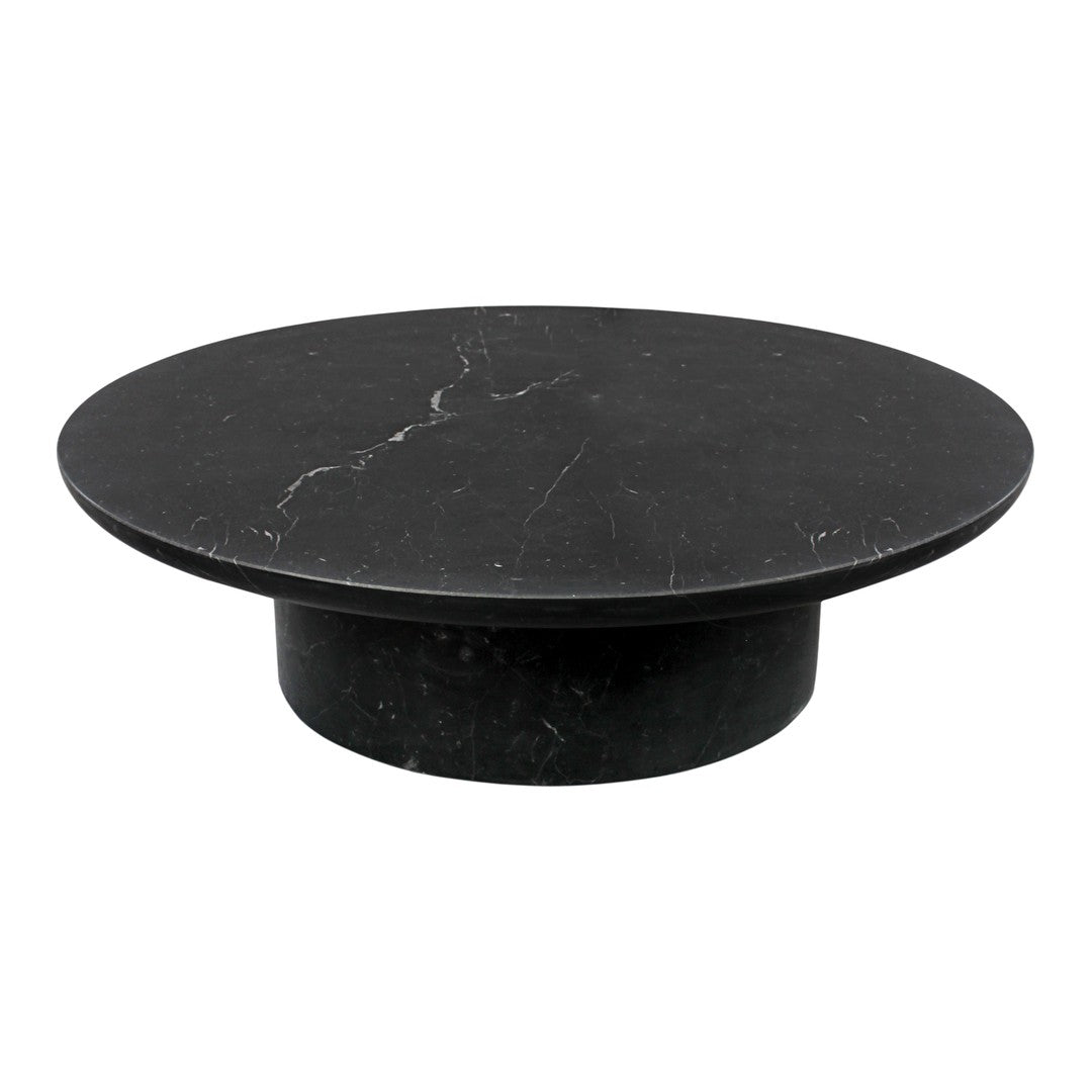 Round black marble coffee table with subtle white veining, sleek and modern design.