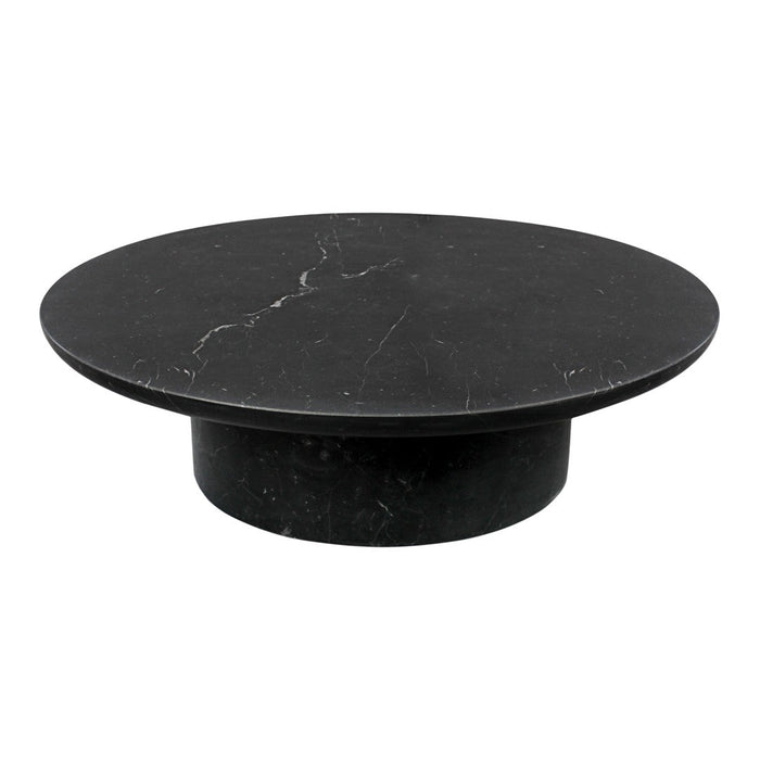 Round black marble coffee table with subtle white veining, sleek and modern design.