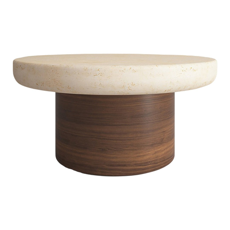Round coffee table with a creamy beige top and dark wood cylindrical base, showcasing a modern, minimalist design.