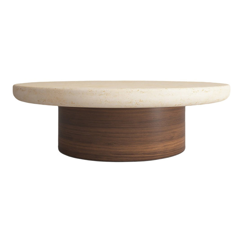 Circular coffee table with a cream top and dark brown wooden base, showcasing a smooth, modern design.