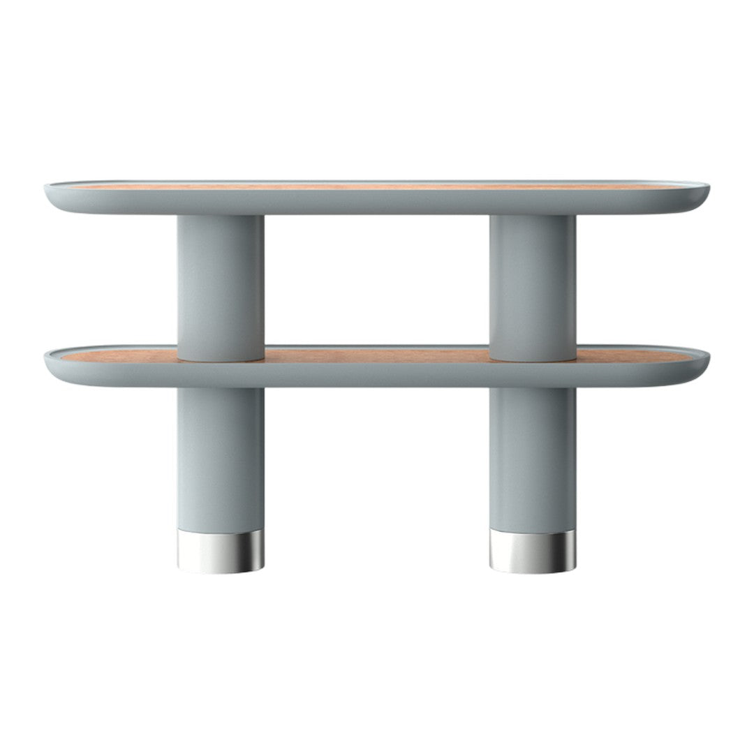 Modern two-tier shelf featuring a soft gray frame and natural wood shelves with sleek metallic accents. Ideal for stylish storage.