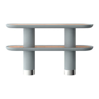 Modern two-tier shelf featuring a soft gray frame and natural wood shelves with sleek metallic accents. Ideal for stylish storage.