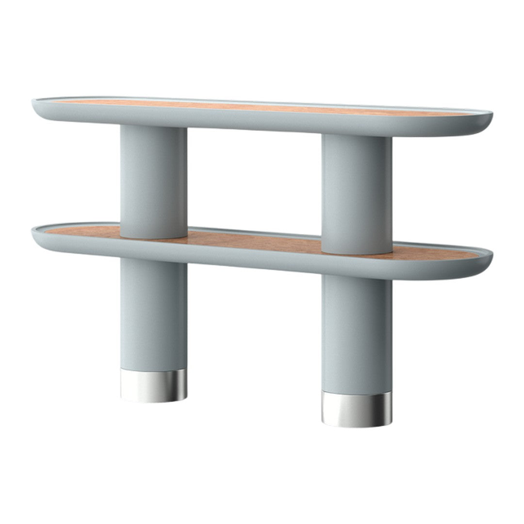 Light blue shelving unit with oval shelves and wooden accents, featuring sleek silver details. Modern and stylish design.