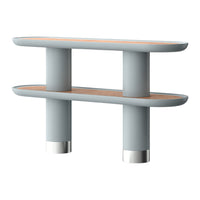 Light blue shelving unit with oval shelves and wooden accents, featuring sleek silver details. Modern and stylish design.