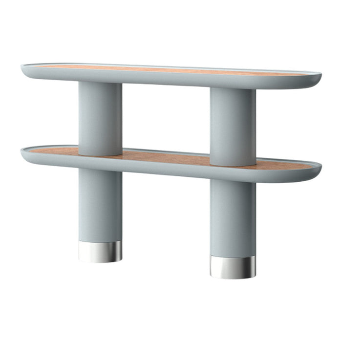 Light blue shelving unit with oval shelves and wooden accents, featuring sleek silver details. Modern and stylish design.
