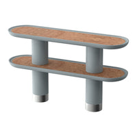 Stylish two-tier shelf in light gray with natural cork top and metallic accents, showcasing modern minimalist design.