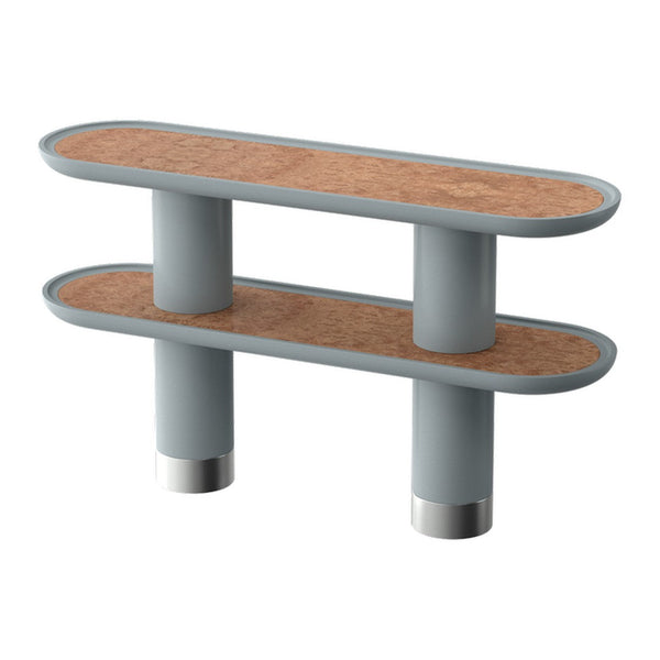 Stylish two-tier shelf in light gray with natural cork top and metallic accents, showcasing modern minimalist design.