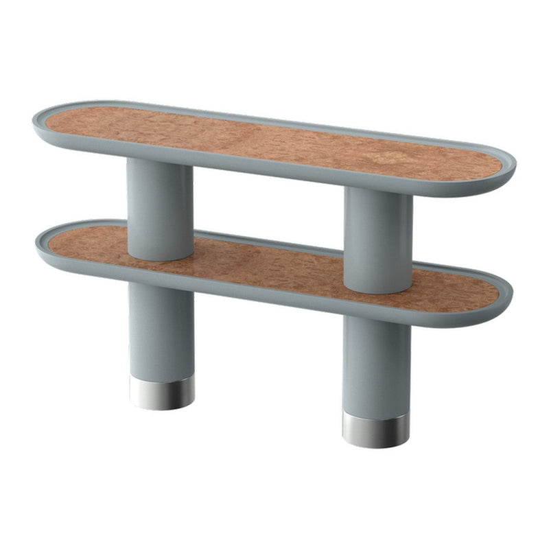 Stylish two-tier shelf in light gray with natural cork top and metallic accents, showcasing modern minimalist design.