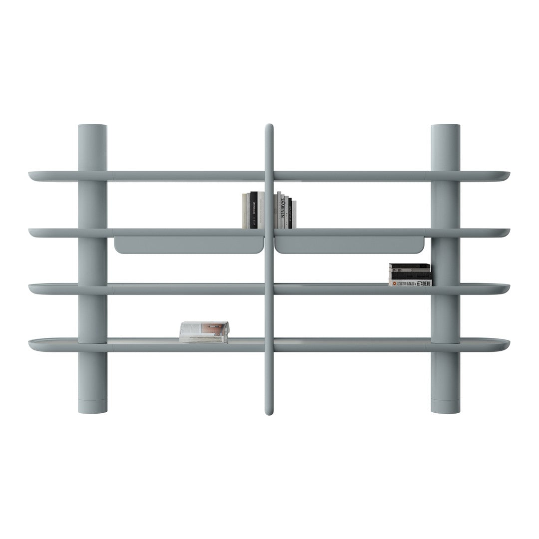 Light gray multi-tier bookshelf with a modern, minimalist design and sleek horizontal lines.