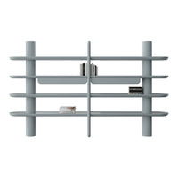 Light gray multi-tier bookshelf with a modern, minimalist design and sleek horizontal lines.