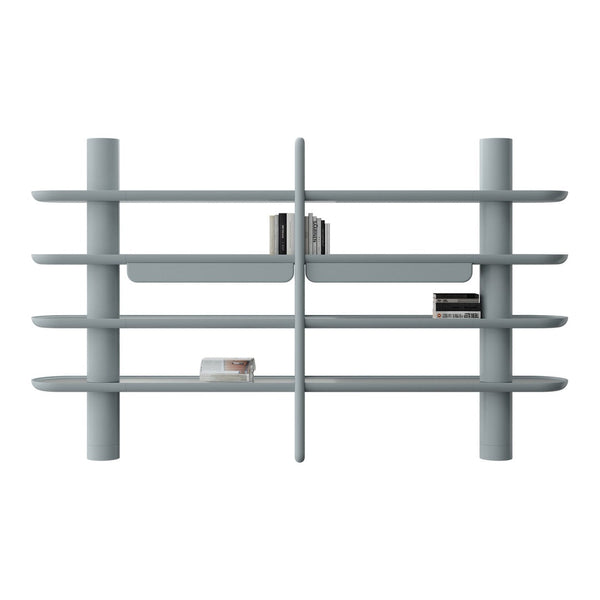 Light gray multi-tier bookshelf with a modern, minimalist design and sleek horizontal lines.