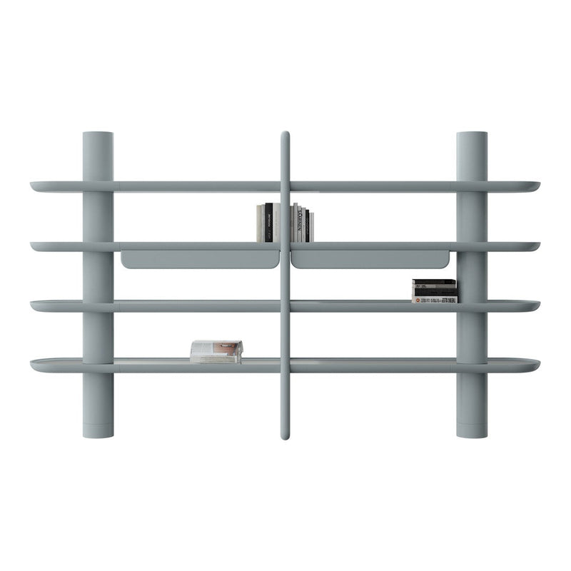 Light gray multi-tier bookshelf with a modern, minimalist design and sleek horizontal lines.