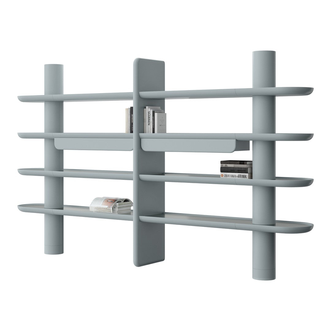 Light gray modern bookshelf with smooth, rounded shelves and vertical supports, featuring a minimalist design.