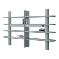 Light gray modern bookshelf with smooth, rounded shelves and vertical supports, featuring a minimalist design.