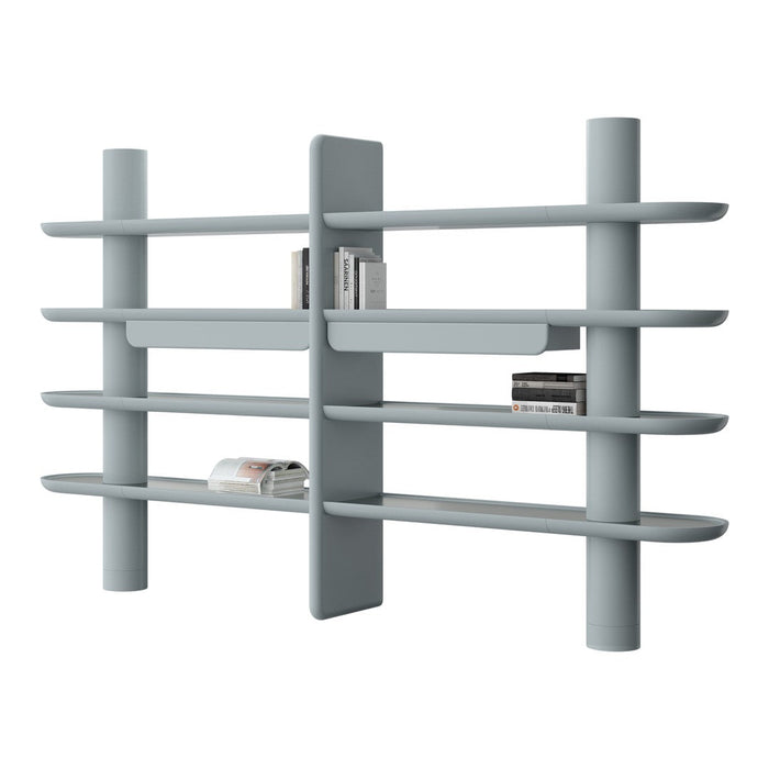 Light gray modern bookshelf with smooth, rounded shelves and vertical supports, featuring a minimalist design.