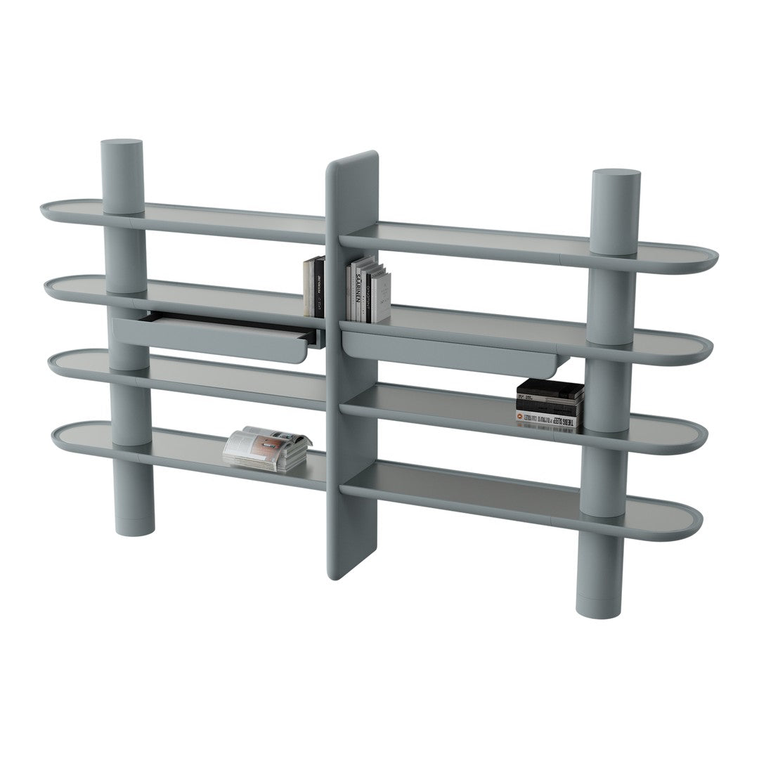 Modern gray shelving unit with smooth, rounded edges and multiple horizontal shelves for stylish storage.