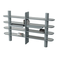 Modern gray shelving unit with smooth, rounded edges and multiple horizontal shelves for stylish storage.