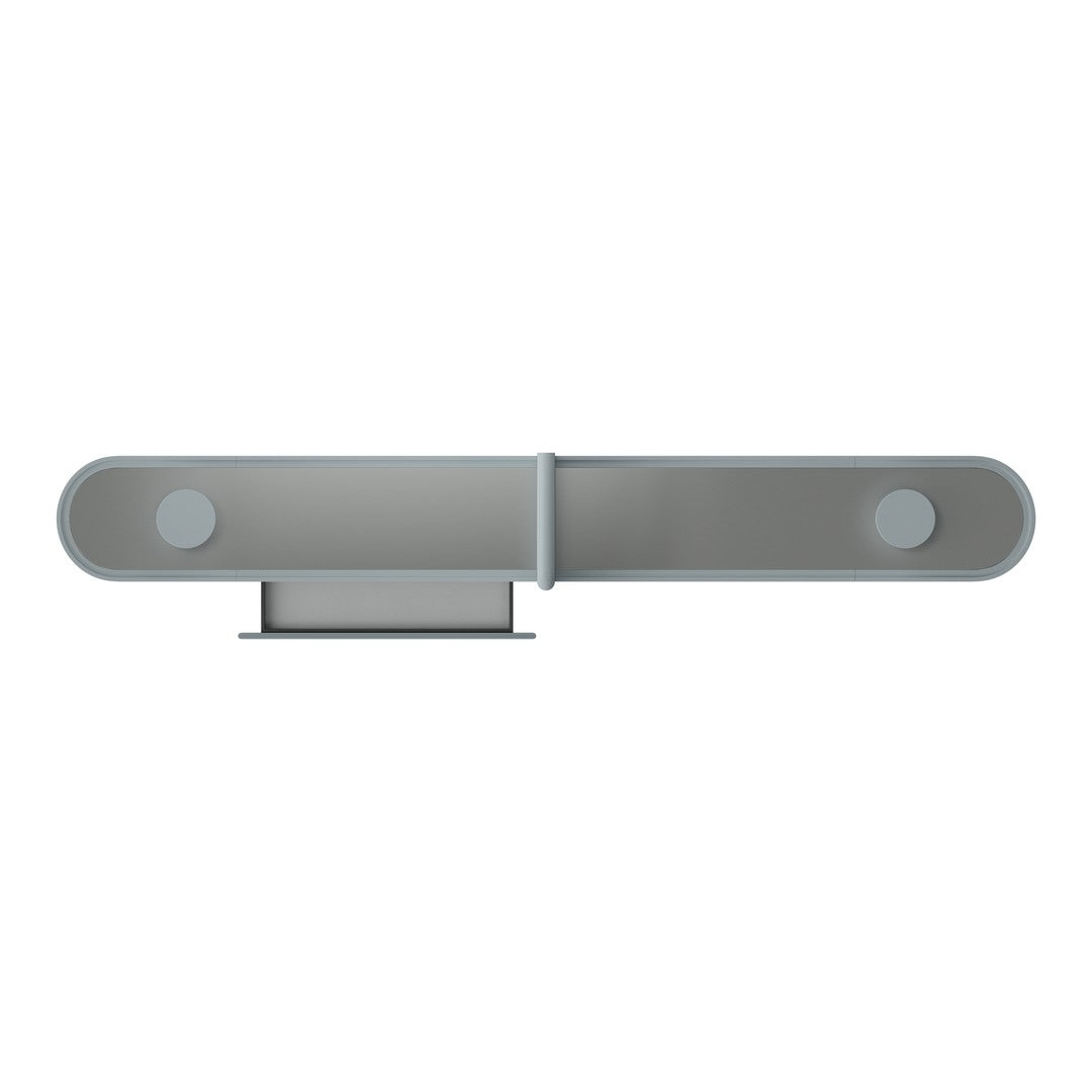 Sleek gray soundbar with a minimalist design featuring smooth surfaces and subtle circular accents.