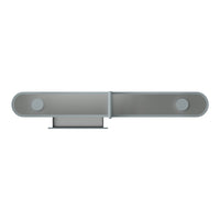 Sleek gray soundbar with a minimalist design featuring smooth surfaces and subtle circular accents.
