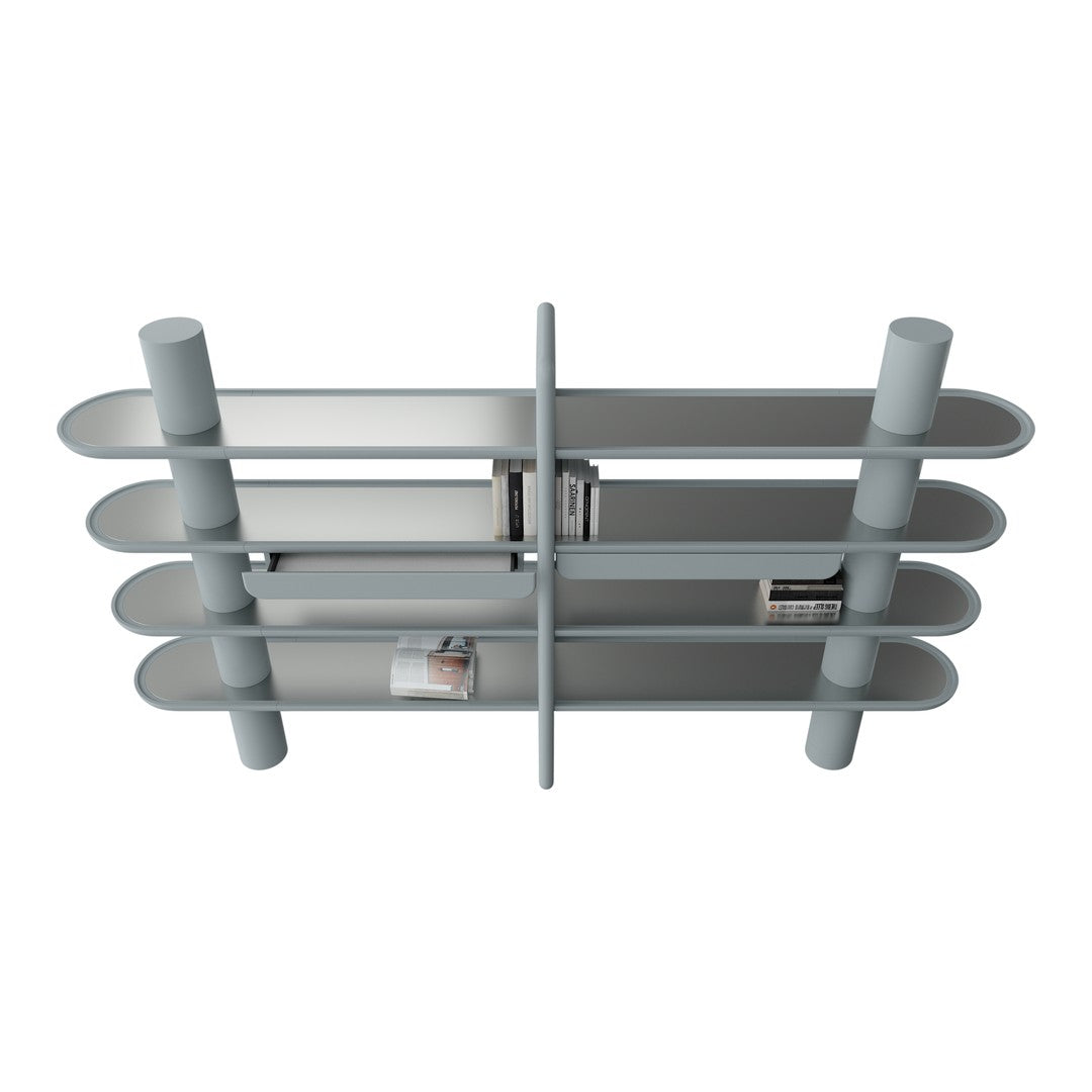 Modern grey shelf with sleek, rounded edges and a minimalist pattern, ideal for stylish home decor.