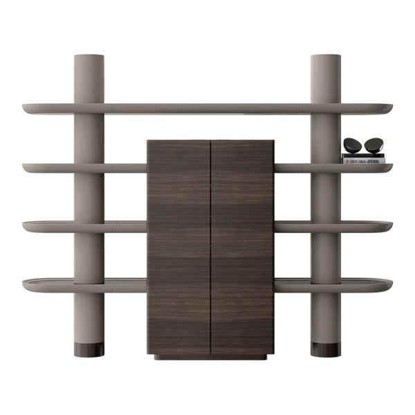 Modern shelving unit in earthy gray and rich dark wood, featuring sleek, horizontal lines and minimalistic design.