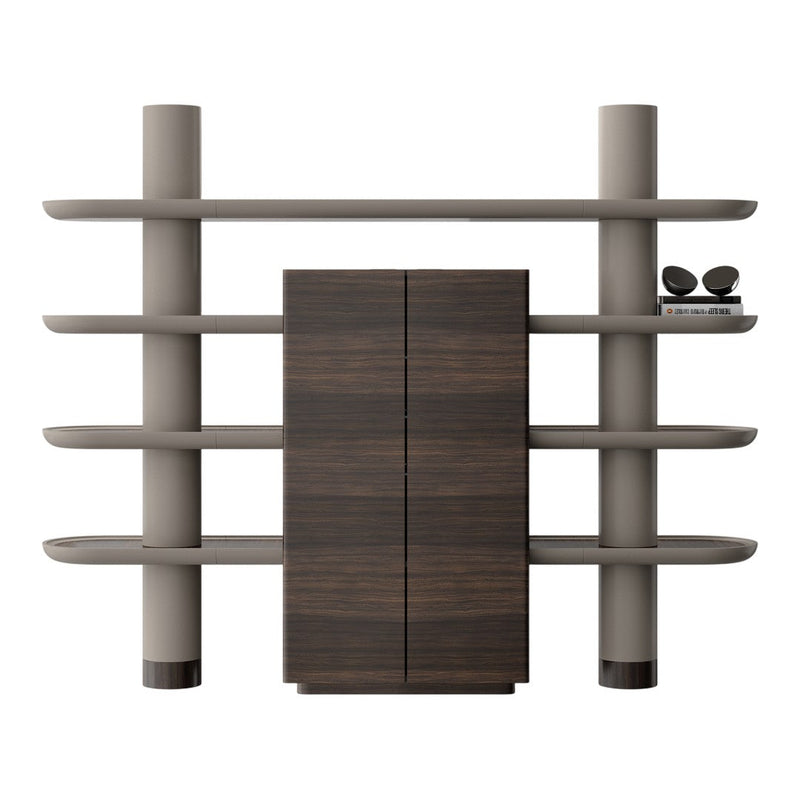 Modern shelving unit in earthy gray and rich dark wood, featuring sleek, horizontal lines and minimalistic design.