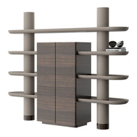 Modern shelving unit in warm beige and dark wood, featuring sleek horizontal lines and an open design.