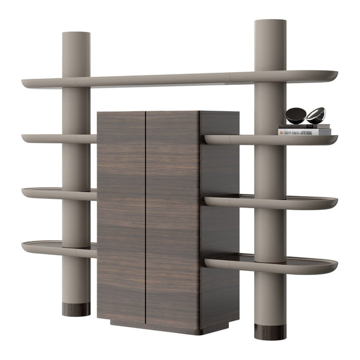 Modern shelving unit in warm beige and dark wood, featuring sleek horizontal lines and an open design.