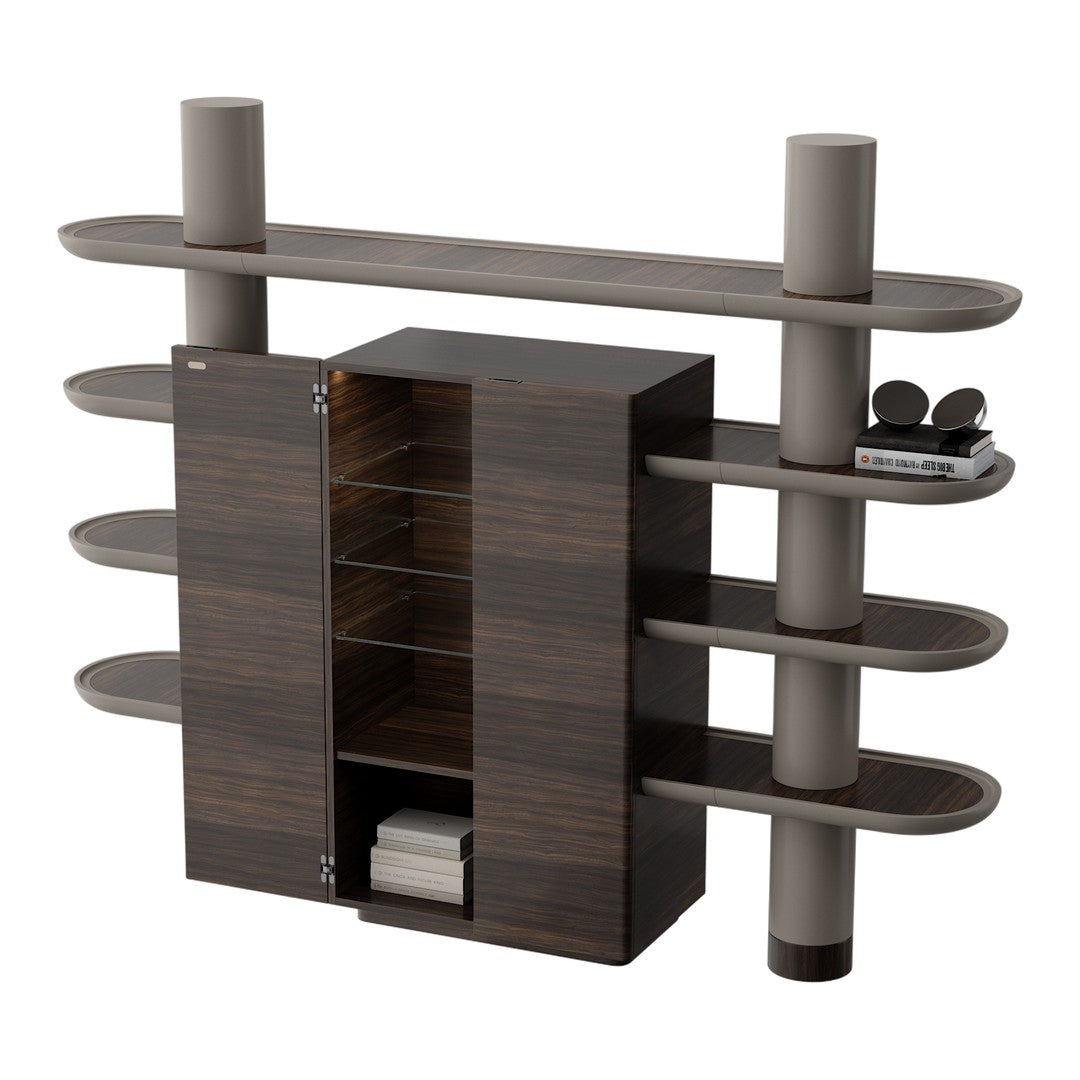 Modern wall-mounted shelving unit in dark wood and light gray with smooth lines and a sleek, minimalist design.