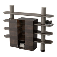 Modern wall-mounted shelving unit in dark wood and light gray with smooth lines and a sleek, minimalist design.