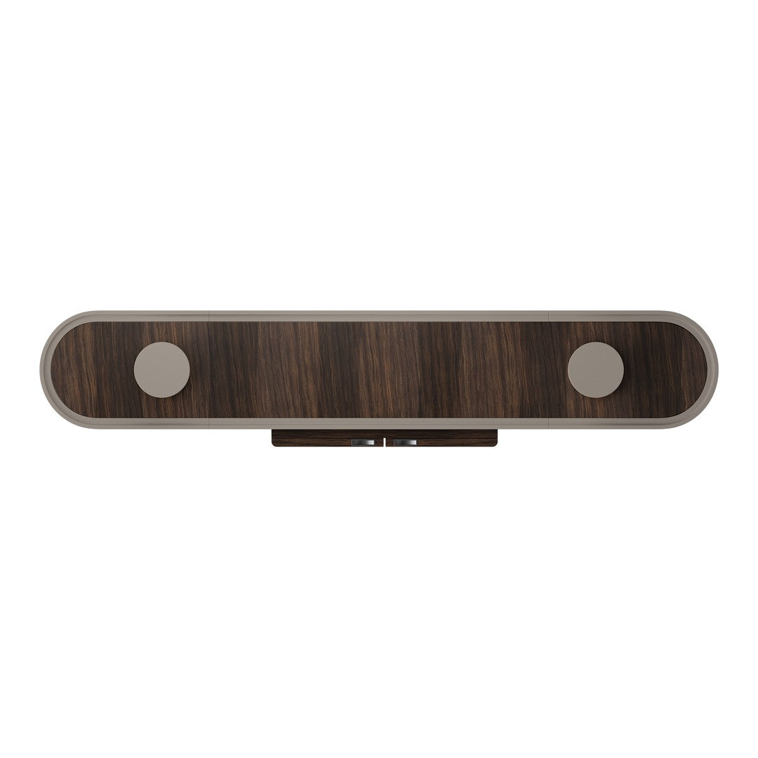 Wood grain pattern in rich brown with sleek gray accents and round buttons, balanced minimalistic design.