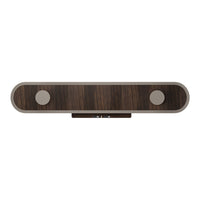 Wood grain pattern in rich brown with sleek gray accents and round buttons, balanced minimalistic design.
