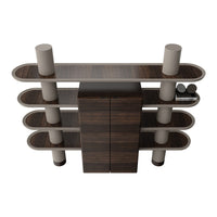 Dark wood shelving unit with light gray circular supports and sleek horizontal lines. Modern and stylish design.