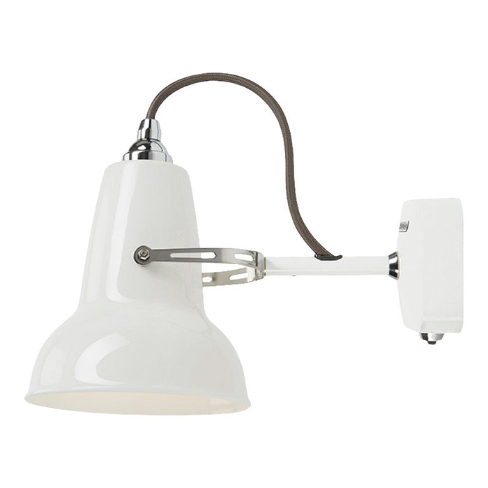 White metal wall lamp with a smooth finish and a brown fabric cord. Sleek and modern design. Perfect for any decor.