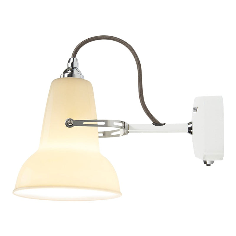 White bell-shaped wall lamp with a soft beige shade and brown cord accents. Modern, minimalist design.