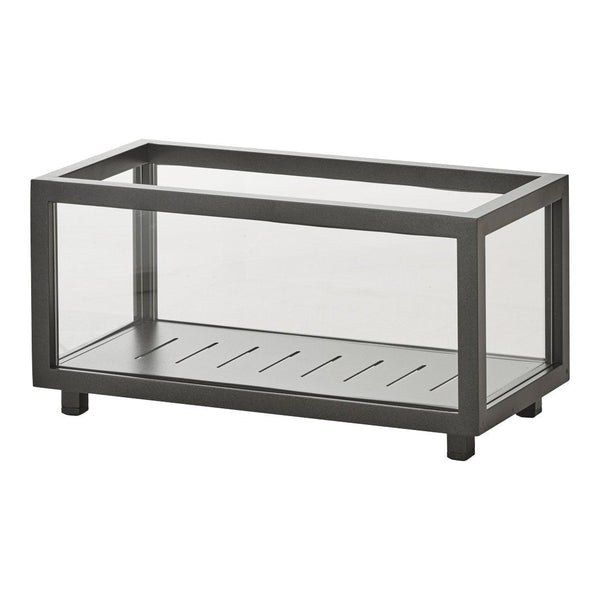 Sleek black metal frame with clear glass panels, featuring a simple striped pattern on the base.